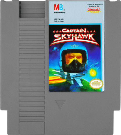 Captain Skyhawk Nintendo Entertainment System NES video game featuring aerial combat gameplay fighter jet missions enemy attacks strategic bombing objectives 3D scrolling flight action challenging missions and classic 8 bit gameplay retro video game collection collectible gaming appeal game cartridge