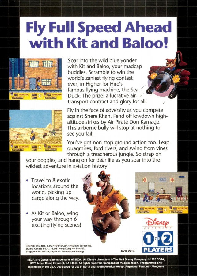 Disney's TaleSpin Sega Genesis GEN action platformer video game featuring Baloo the Bear aerial adventures airplane missions enemy encounters collectible items challenging stages Disney characters and classic Sega Genesis GEN gameplay collectible retro gaming appeal back cover art