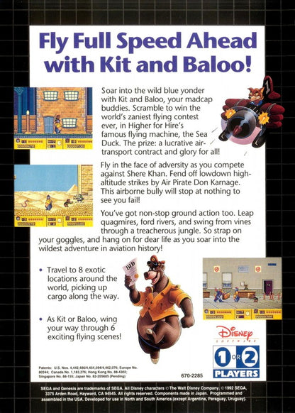 Disney's TaleSpin Sega Genesis GEN action platformer video game featuring Baloo the Bear aerial adventures airplane missions enemy encounters collectible items challenging stages Disney characters and classic Sega Genesis GEN gameplay collectible retro gaming appeal back cover art