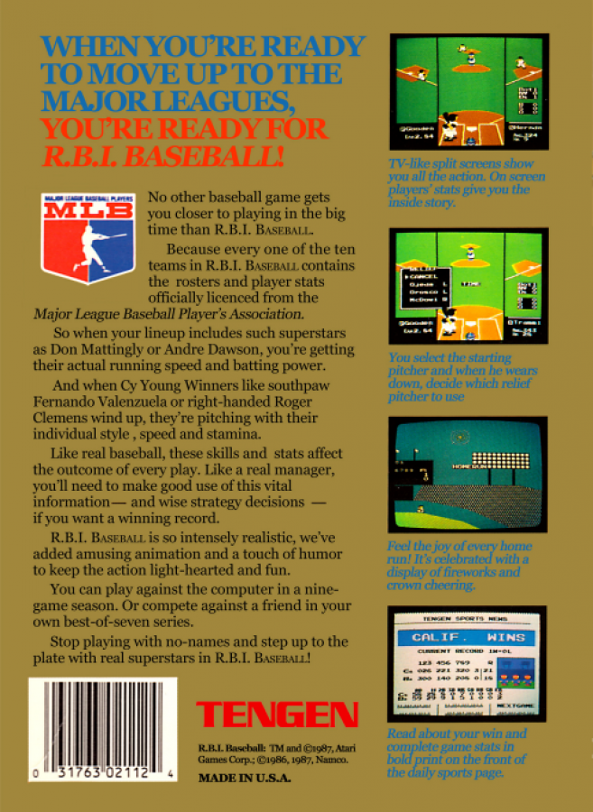 Back of box for RBI Baseball [Tengen] Nintendo Entertainment System (NES) retro video game 