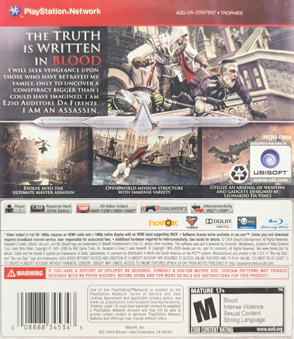 Assassin's Creed II Greatest Hits for PlayStation 3 (PS3) at Gamers INC, featuring the epic journey of Ezio Auditore during the Italian Renaissance with an expanded open world, lethal new hidden blade upgrades, and Leonardo da Vinci's inventions for the definitive assassin experience back cover
