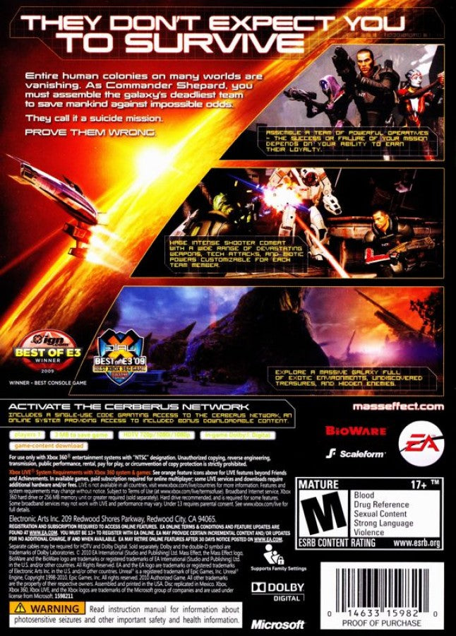 Mass Effect 2 back of case for Xbox 360 (X360) sci-fi action role-playing video game