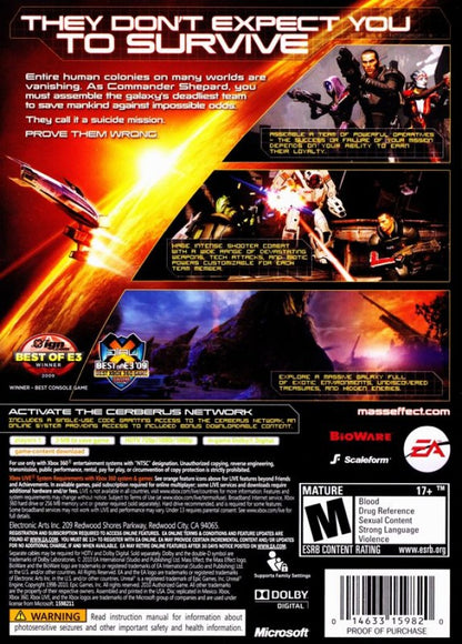 Mass Effect 2 back of case for Xbox 360 (X360) sci-fi action role-playing video game