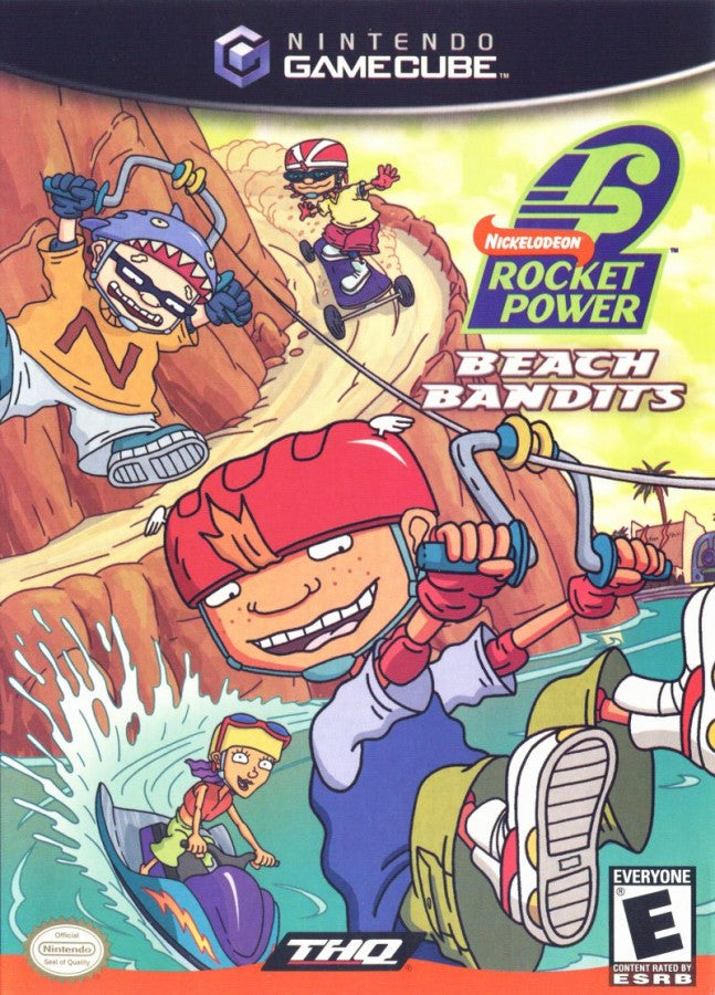 Retro Rocket Power Beach Bandits GameCube inspired design featuring animated extreme sports adventure aesthetic Nintendo GameCube coastal skate culture surfing skating biking beachside missions cartoon style characters nostalgic Nickelodeon gameplay presentation - cover art