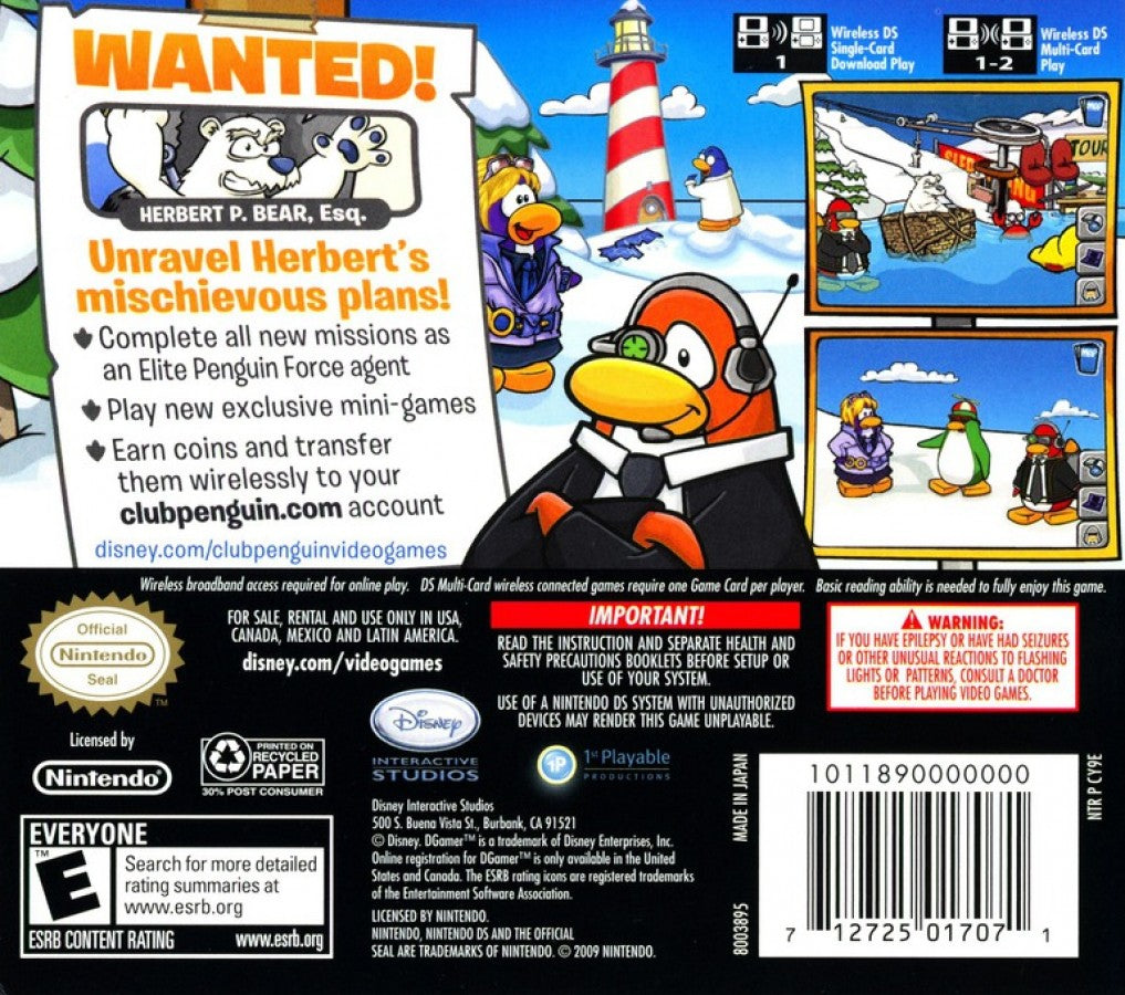 Club Penguin Herberts Revenge for Nintendo DS, back of case for an action-adventure video game with puzzle-solving, spy missions, mini-games, and cartoon-style gameplay
