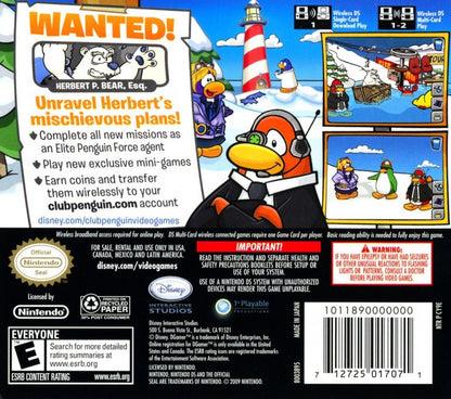 Club Penguin Herberts Revenge for Nintendo DS, back of case for an action-adventure video game with puzzle-solving, spy missions, mini-games, and cartoon-style gameplay