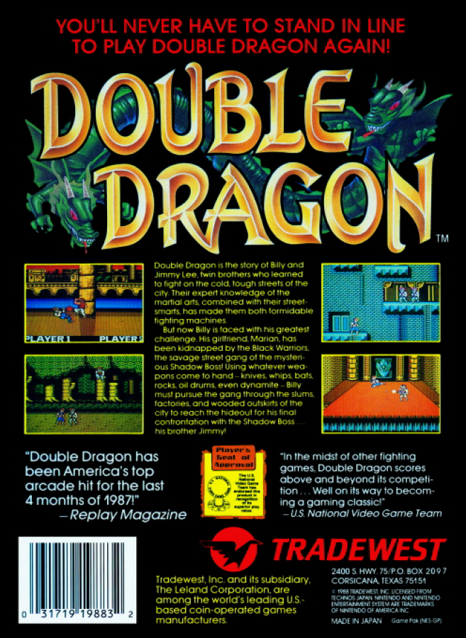 Double Dragon back of box for Nintendo Entertainment System (NES) retro video game