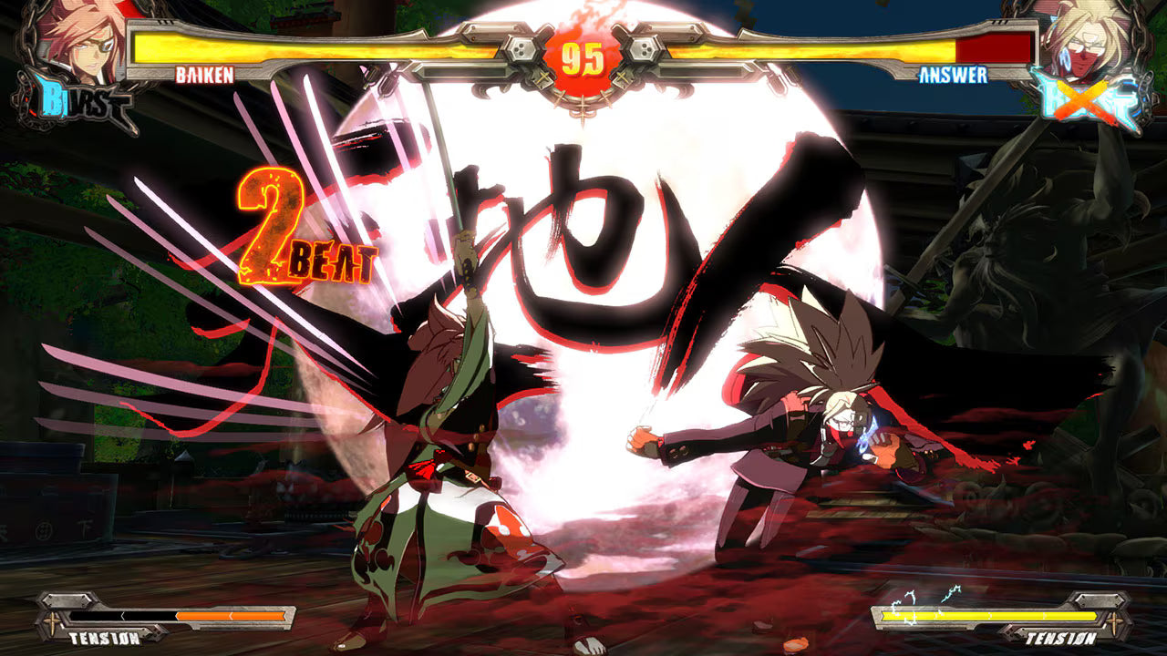 Guilty Gear Xrd Rev 2 PlayStation 4 fighting video game Arc System Works 2.5D cel-shaded graphical style anime-inspired characters Sol Badguy Ky Kuke Jack-O Venom Answer Baiken roster refined combat mechanics dramatic finishes story mode missions online multiplayer GGPO netcode training mode combo trials gameplay screenshot