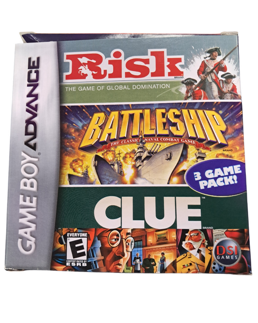 Risk Battleship Clue for Game Boy Advance strategy board game collection featuring digital versions of Risk Battleship and Clue with turn based gameplay and multiplayer modes front cover 
