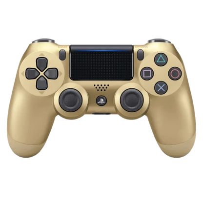 Gold Sony DualShock 4 wireless controller for PlayStation 4 featuring touchpad, light bar, and ergonomic design 