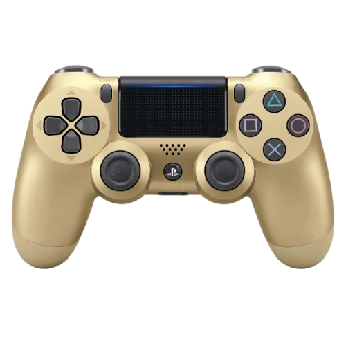Gold Sony DualShock 4 wireless controller for PlayStation 4 featuring touchpad, light bar, and ergonomic design 