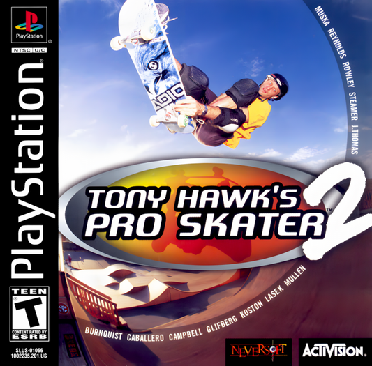 Tony Hawk’s Pro Skater 2 cover art for PlayStation 1 (PS1) video game, skateboarding sports action, trick-based gameplay, iconic extreme sports classic