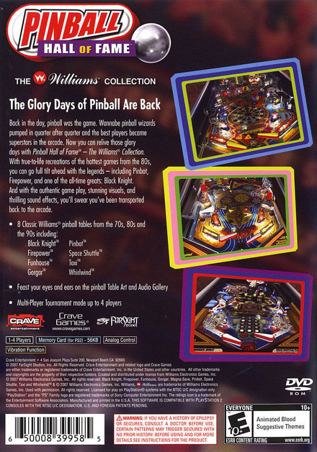 Pinball Hall of Fame: The Williams Collection – PlayStation 2 (PS2) video game back of case, pinball simulation game.