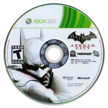 Batman Arkham City Xbox 360 open-world action-adventure stealth video game featuring the Dark Knight Catwoman Joker Hugo Strange Two-Face and Penguin with freeflow combat predator takedowns gadget upgrades gliding traversal and Riddler challenges disc