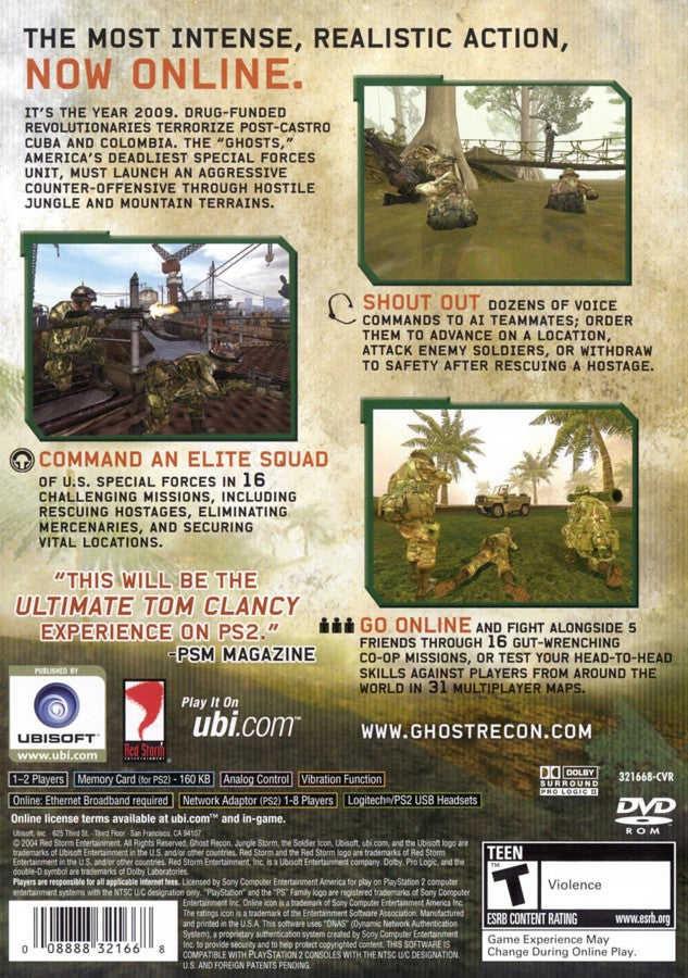 Tom Clancy’s Ghost Recon Jungle Storm tactical shooter video game featuring elite special forces missions squad based combat realistic military strategy and classic Tom Clancy franchise gameplay experience back cover art