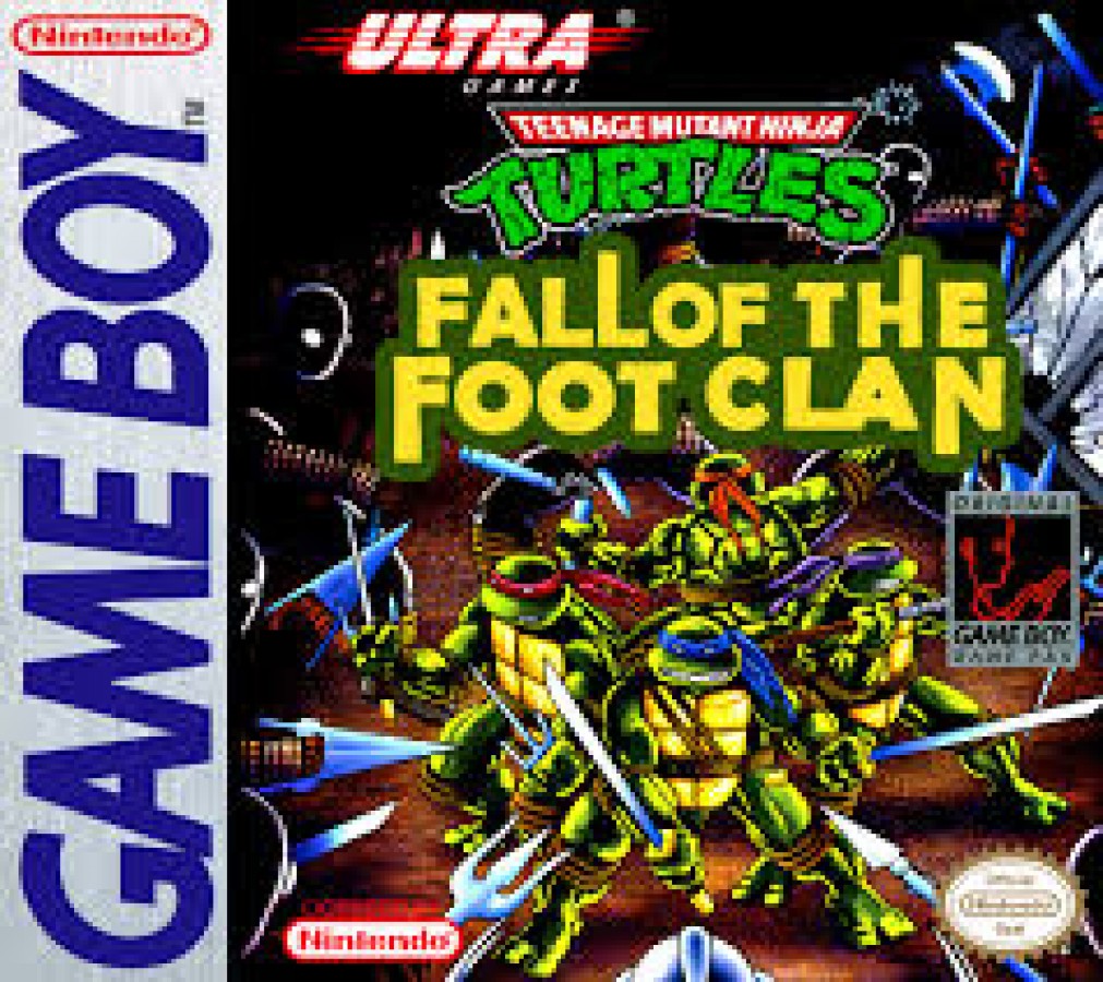 Teenage Mutant Ninja Turtles: Fall of the Foot Clan Game Boy action platformer video game cover art.