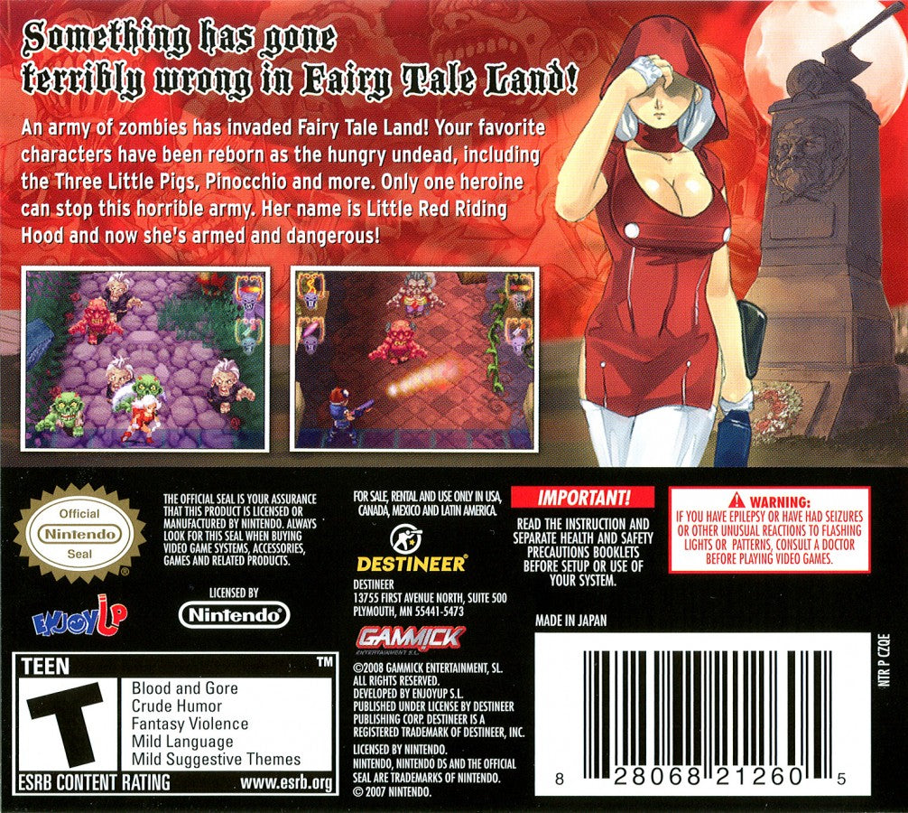 Little Red Riding Hood's Zombie BBQ Nintendo DS DS action shooting video game featuring Little Red Riding Hood zombie enemies fast-paced shooting combat colorful environments challenging levels weapons boss battles and classic Nintendo DS DS gameplay collectible retro gaming appeal back cover art