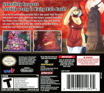 Little Red Riding Hood's Zombie BBQ Nintendo DS DS action shooting video game featuring Little Red Riding Hood zombie enemies fast-paced shooting combat colorful environments challenging levels weapons boss battles and classic Nintendo DS DS gameplay collectible retro gaming appeal back cover art