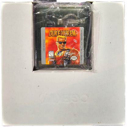 Duke Nukem Game Boy Color GBC video game Complete In Box CIB featuring action platforming gameplay Duke Nukem character enemy battles weapon action alien encounters challenging levels and classic handheld gaming retro video game collection collectible gaming appeal insert
