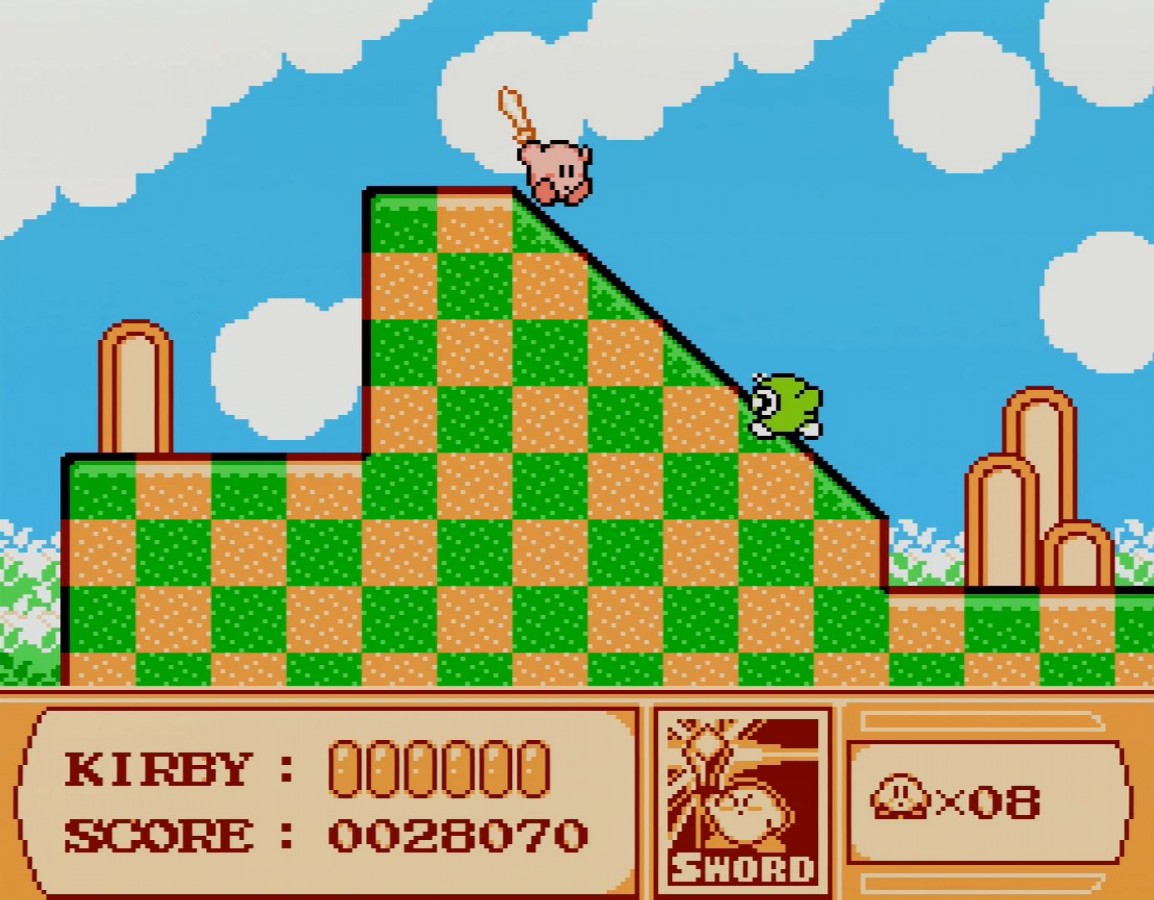 Kirby's Adventure cartridge for the Nintendo Entertainment System featuring Kirby in a colorful 8 bit side scrolling platformer with copy abilities and dream world exploration gameplay