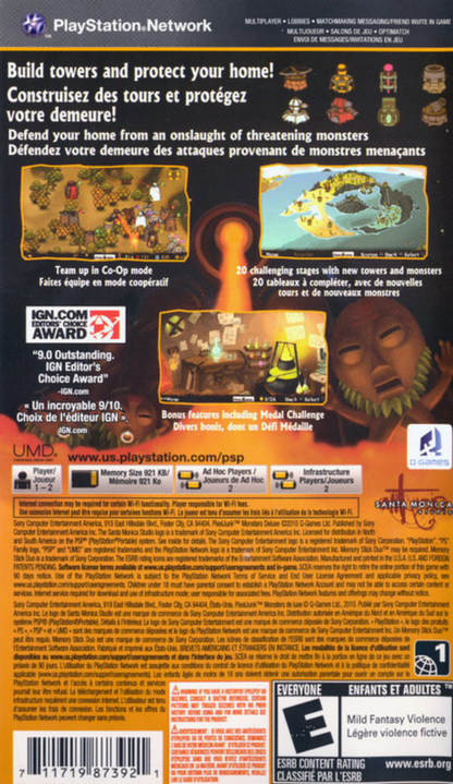 PixelJunk Monsters Deluxe PlayStation Portable PSP inspired design featuring tower defense strategy gameplay aesthetic vibrant hand drawn jungle environments creature wave defense mechanics strategic placement systems cooperative style challenges and portable arcade strategy presentation back cover 