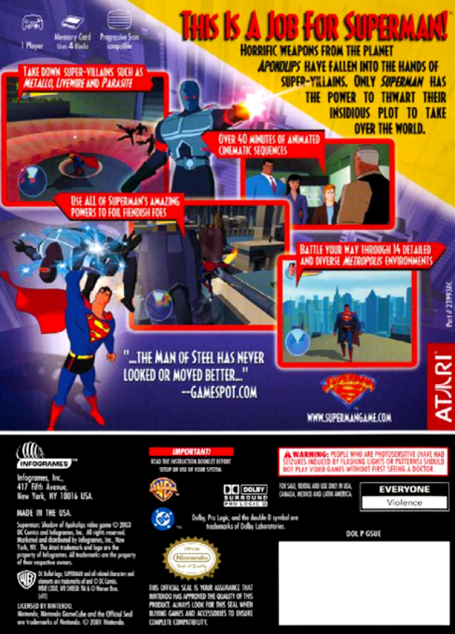 Superman: Shadow of Apokolips back cover art for GameCube game featuring cel-shaded action adventure gameplay inspired by the animated series