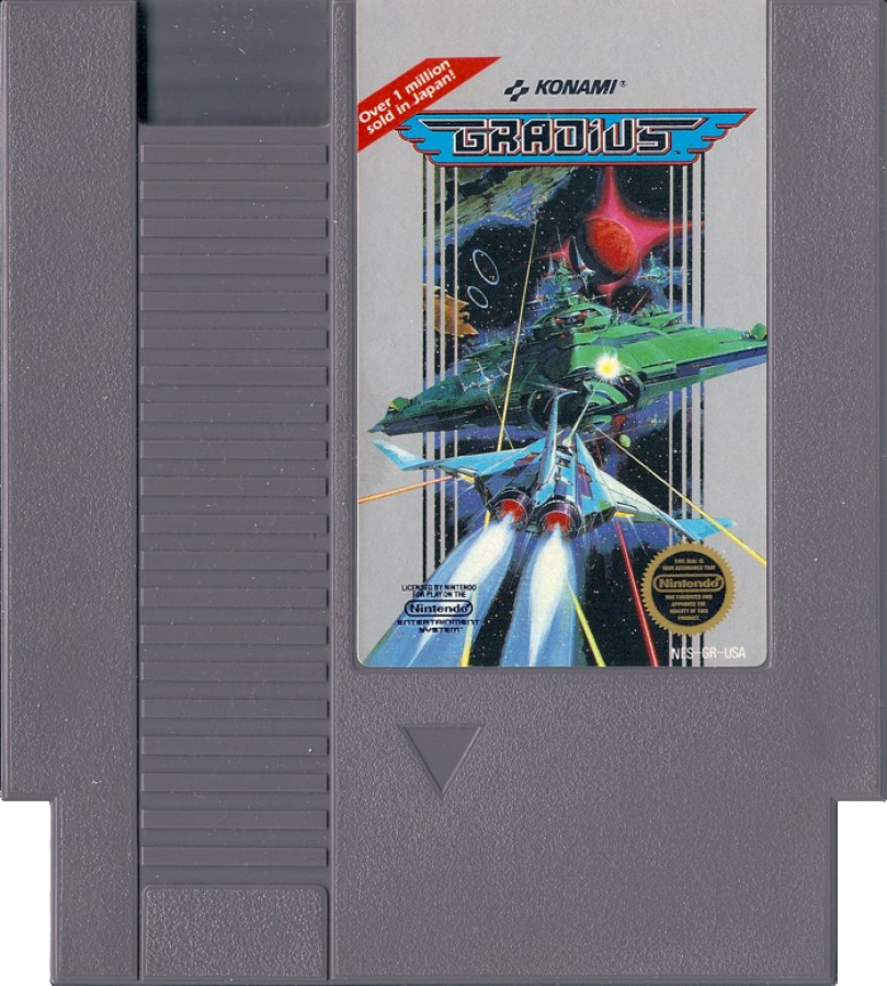 Gradius Nintendo Entertainment System NES video game featuring side scrolling shoot em up gameplay spaceship combat enemy waves power ups boss battles challenging levels and classic 8 bit arcade action retro video game collection collectible gaming appeal game cartridge