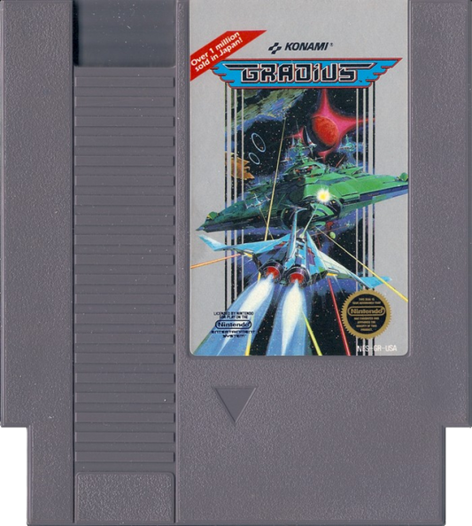 Gradius Nintendo Entertainment System NES video game featuring side scrolling shoot em up gameplay spaceship combat enemy waves power ups boss battles challenging levels and classic 8 bit arcade action retro video game collection collectible gaming appeal game cartridge