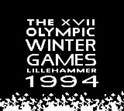 Winter Olympic Games Lillehammer 94 Game Boy GB title screen for retro video game enthusiasts featuring multi event sports gameplay winter Olympic competition alpine skiing speed skating ski jumping and track events simple arcade style controls and portable handheld classic sports gaming experience and collectible gaming appeal