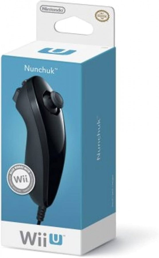 Official OEM Nintendo Wii U Nunchuk controller accessory in black complete in box CIB for motion-controlled gaming box front