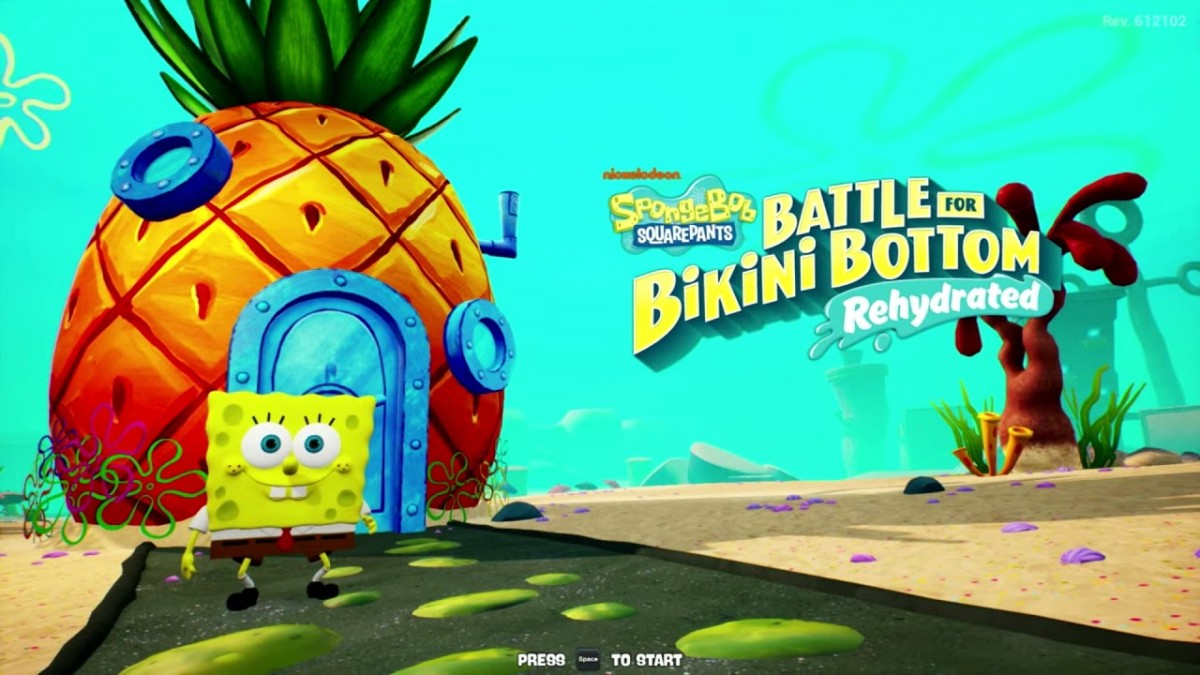 SpongeBob Squarepants Battle for Bikini Bottom Rehydrated title screen PlayStation 4 video game. 