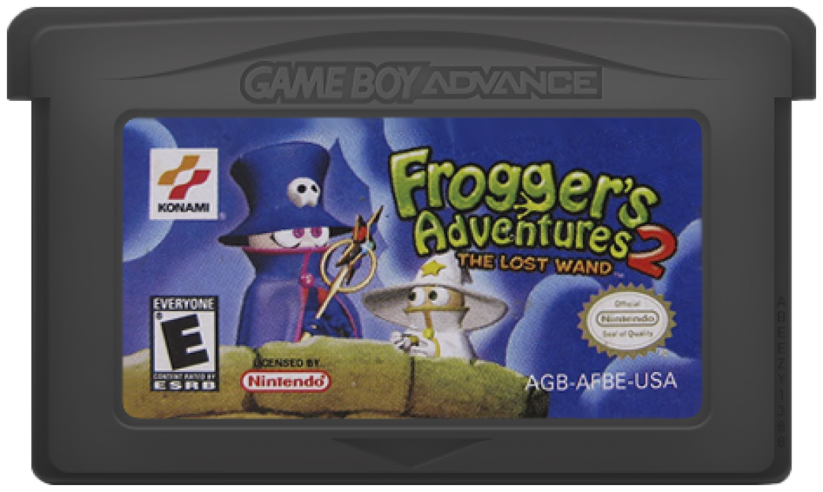 Frogger’s Adventures 2 The Lost Wand for Game Boy Advance, cartridge for an action-adventure platformer video game with puzzle-solving gameplay, fantasy environments, character-based challenges, and classic arcade-style action