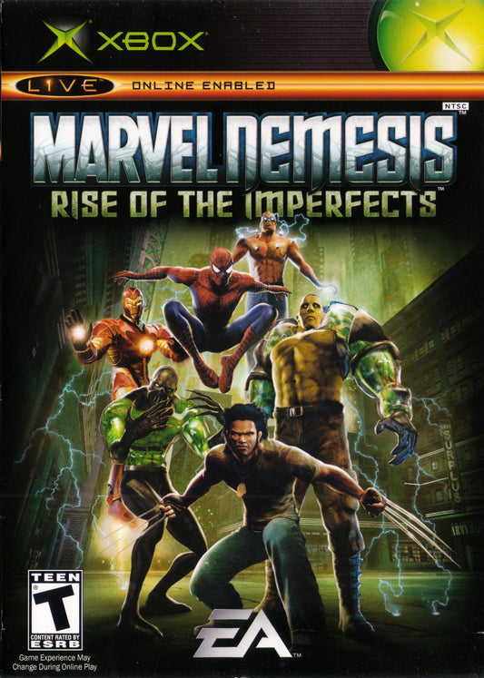 Marvel Nemesis Rise of the Imperfects Xbox inspired design featuring superhero fighting action aesthetic explosive battles iconic Marvel characters powerful abilities urban destruction cinematic combat fast paced arena gameplay comic book inspired presentation cover art 