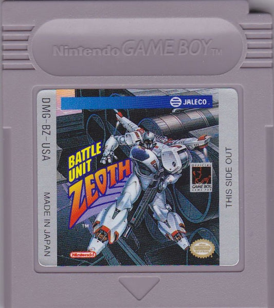 Battle Unit Zeoth [Missing Manuals/Inserts] for Game Boy (GB) featuring a sci fi top down shooter where you pilot a transforming mech tank through intense missions; blast enemies collect upgrades and survive challenging stages in this boxed copy missing the original manuals and inserts cartridge