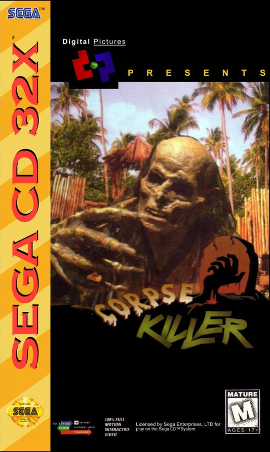 Corpse Killer Sega CD 32X enhanced full motion video FMV zombie shooter horror game rail shooting tropical island setting undead enemies improved video quality live action footage arcade style combat Digital Pictures retro gaming Sega CD 32X software video game title cover art