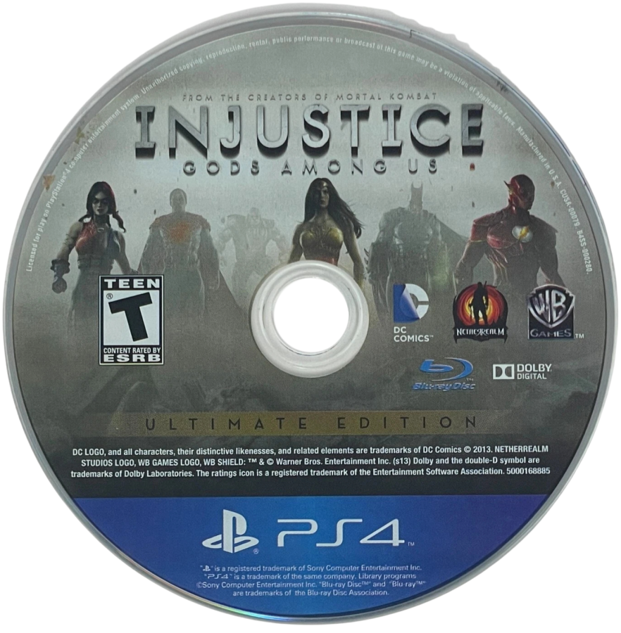 Injustice: Gods Among Us [Ultimate Edition] – PlayStation 4 (PS4) video game disc, superhero fighting game.