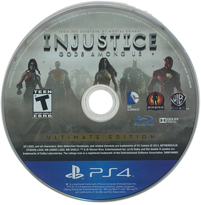 Injustice: Gods Among Us [Ultimate Edition] – PlayStation 4 (PS4) video game disc, superhero fighting game.