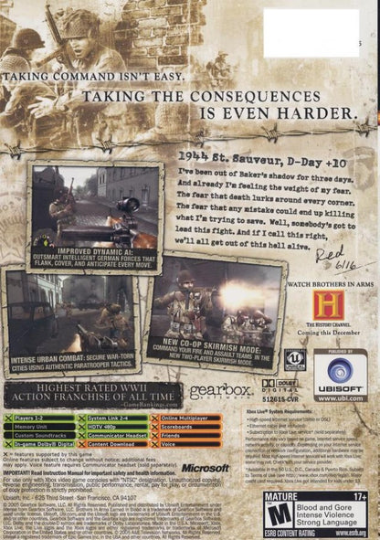 Brothers in Arms: Earned in Blood back cover art for Xbox (XBOX) video game