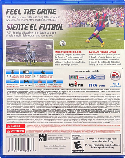 Retro FIFA 15 PS4 inspired design featuring realistic soccer simulation aesthetic next generation sports gameplay immersive stadium atmosphere fast paced football matches licensed teams competitive online play nostalgic EA Sports presentation back cover 