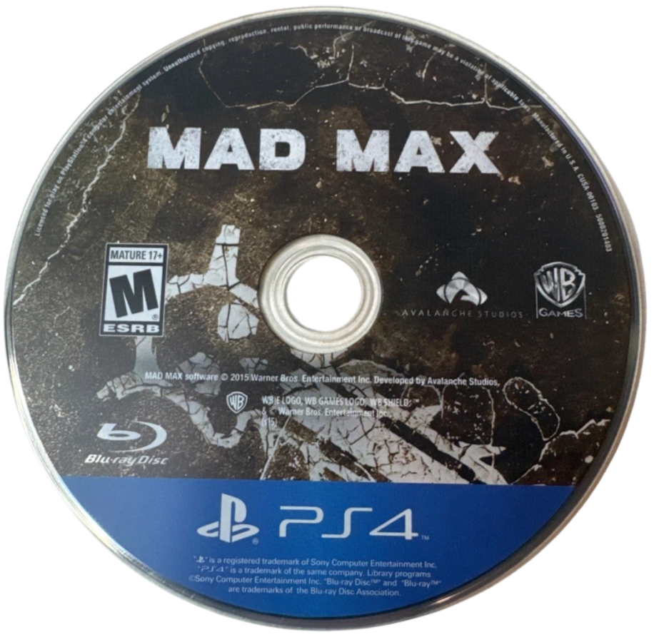 Mad Max – PlayStation 4 (PS4) video game disc, open-world action-adventure game.