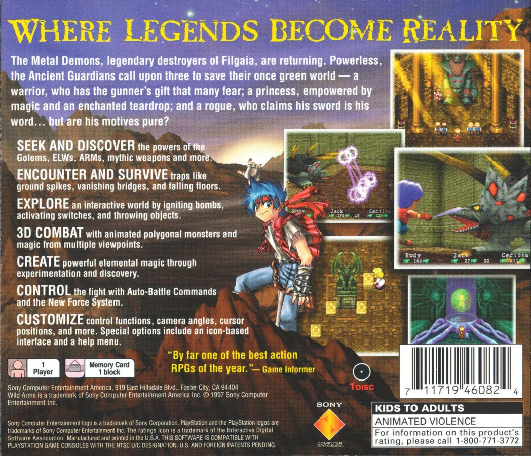 Wild Arms PlayStation 1 PS1 for role playing adventure retro video game fans featuring turn based battles Wild West fantasy exploration dungeon puzzles magical abilities memorable characters epic storytelling collectible gaming appeal back of case