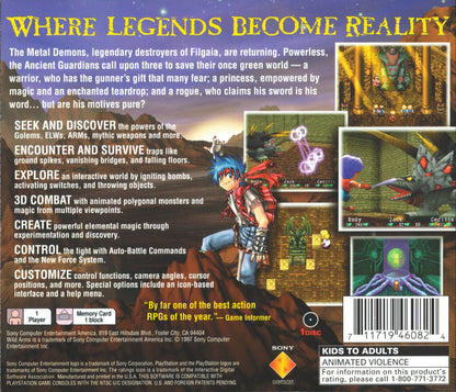 Wild Arms PlayStation 1 PS1 for role playing adventure retro video game fans featuring turn based battles Wild West fantasy exploration dungeon puzzles magical abilities memorable characters epic storytelling collectible gaming appeal back of case