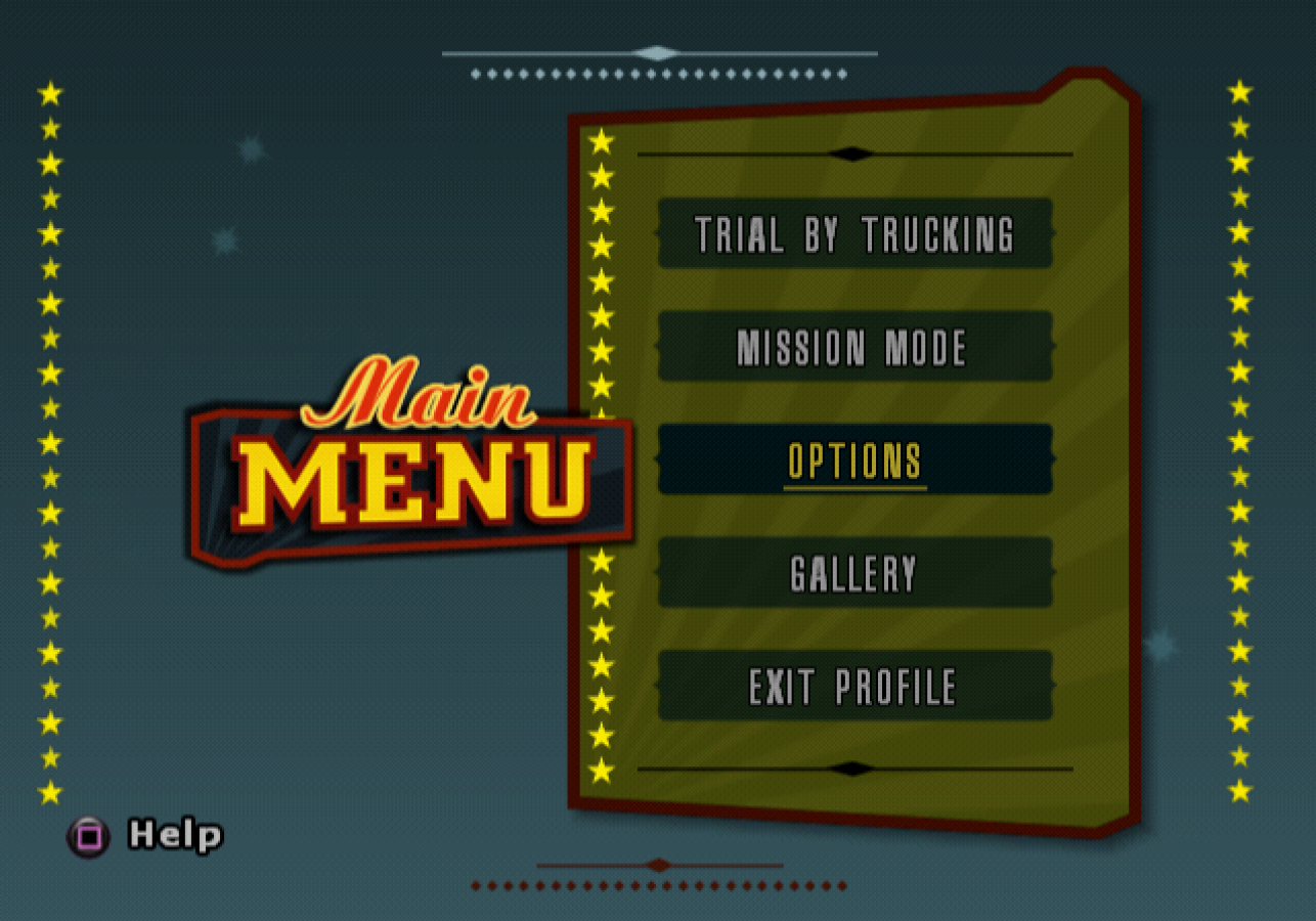 Retro Big Mutha Truckers 2 PS2 inspired design featuring over the top trucking adventure aesthetic vintage PlayStation 2 southern humor chaotic highway races cargo hauling arcade driving gameplay outrageous characters nostalgic road trip action presentation - menu