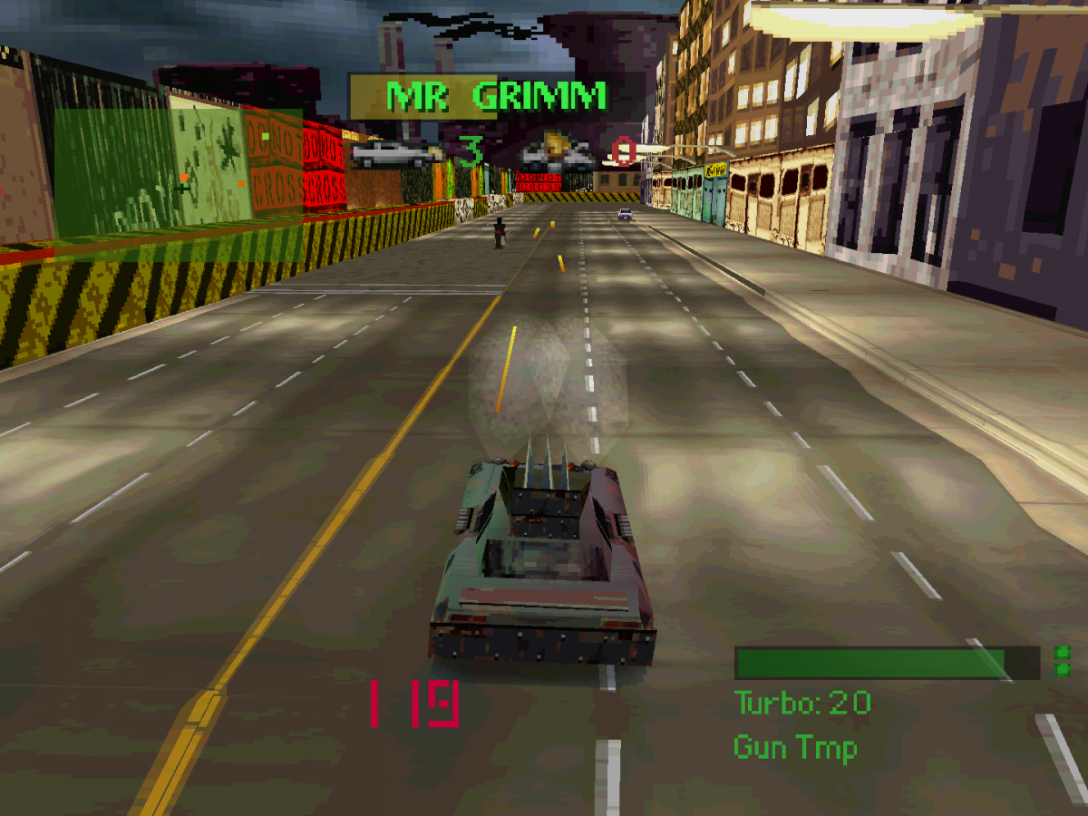 Twisted Metal for PlayStation 1, gameplay for a vehicular combat video game with car battles, destructive weapons, arena-based action, and classic arcade-style multiplayer gameplay
