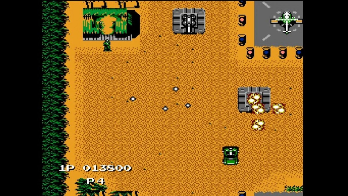 Jackal Nintendo Entertainment System NES video game, top-down action shooter, military combat gameplay, classic Konami retro title gameplay screenshot