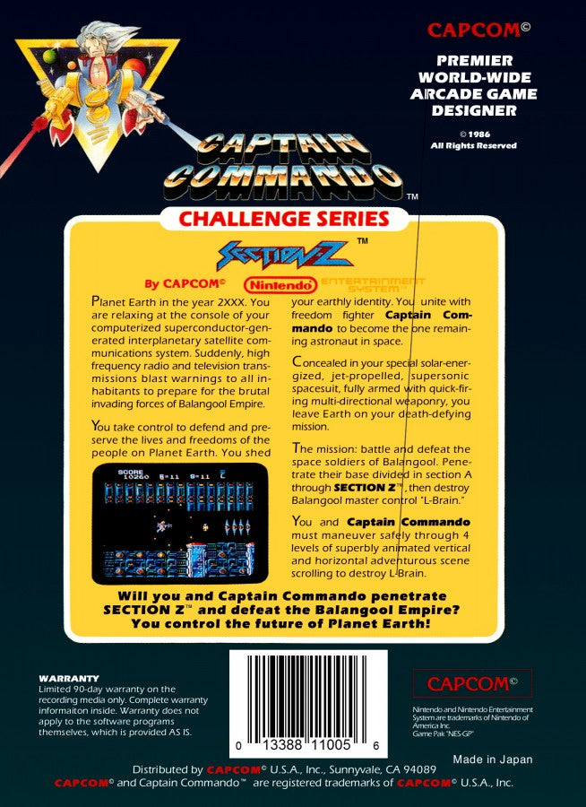 Section Z retro NES video game Section Z sci fi shooter side scrolling action space combat futuristic arcade gameplay classic console title Nintendo Entertainment System release back of case