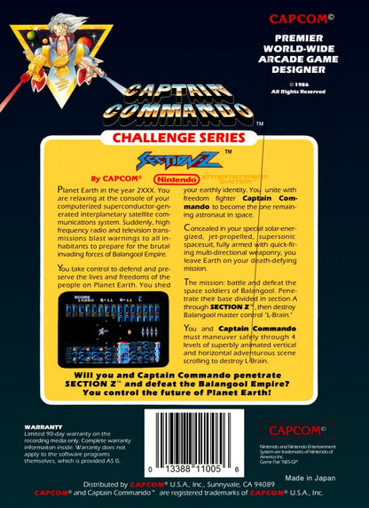 Section Z retro NES video game Section Z sci fi shooter side scrolling action space combat futuristic arcade gameplay classic console title Nintendo Entertainment System release back of case