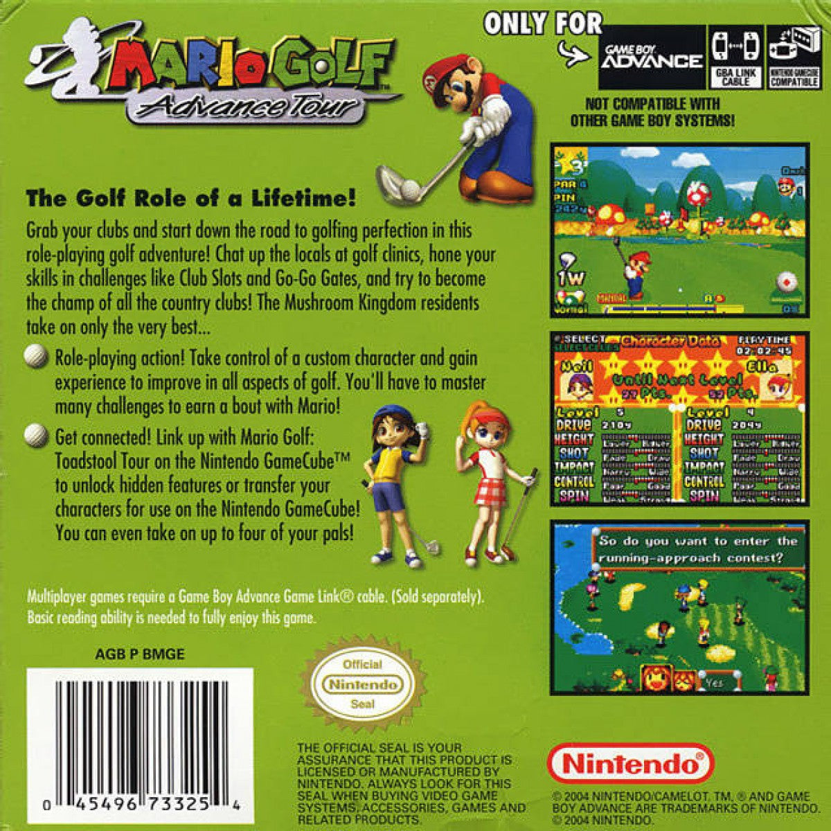 Mario Golf Advance Tour for Game Boy Advance golf sports RPG featuring Mario characters tournament mode story mode character progression handheld gameplay back cover