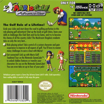 Mario Golf Advance Tour for Game Boy Advance golf sports RPG featuring Mario characters tournament mode story mode character progression handheld gameplay back cover