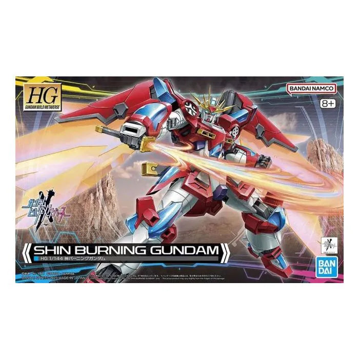 Shin Burning Gundam Gundam Build Metaverse Bandai Spirits HG 1/144 scale model kit inspired design featuring detailed buildable mecha aesthetic martial arts inspired mobile suit design articulated armor components fiery energy effects dynamic action poses collectible plastic model building and anime inspired display presentation